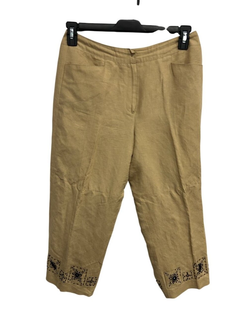 Larry Levine Beige Linen Blend Embellished Cuff Capri Pants Size 8 Boho Coastal